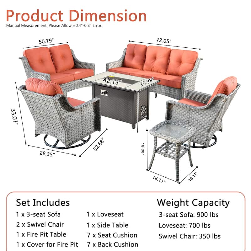 OVIOS 6 Pieces Outdoor Wicker Curved Swivel Chair Set With Fire Table