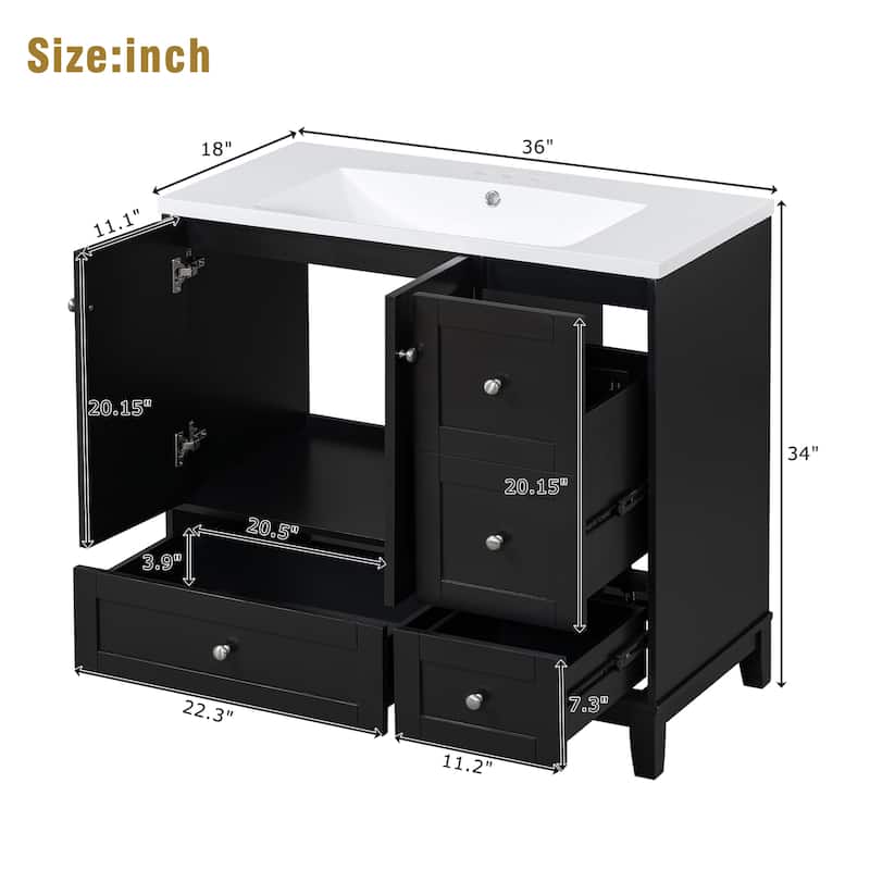 36 Inch Modern Bathroom Vanity with USB Charging, Two Doors and Three Drawers Bathroom Storage Vanity Cabinet
