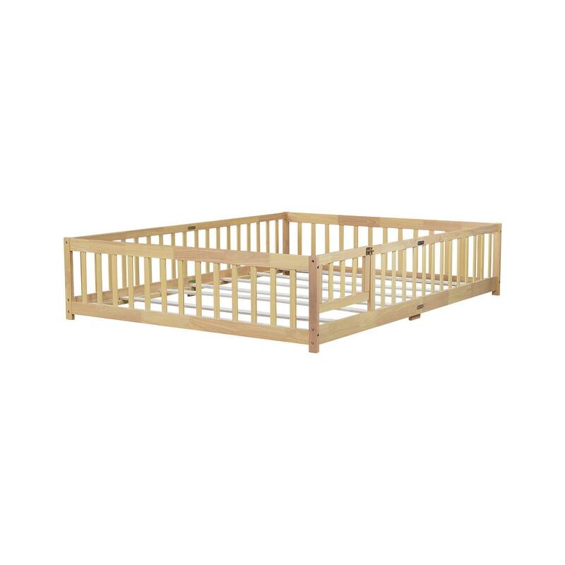 Twin/Full/Queen Size Floor Bed with Fence Guardrails and Door, Rubber Wood Toddler Bed Montessori Bed with Slats Support