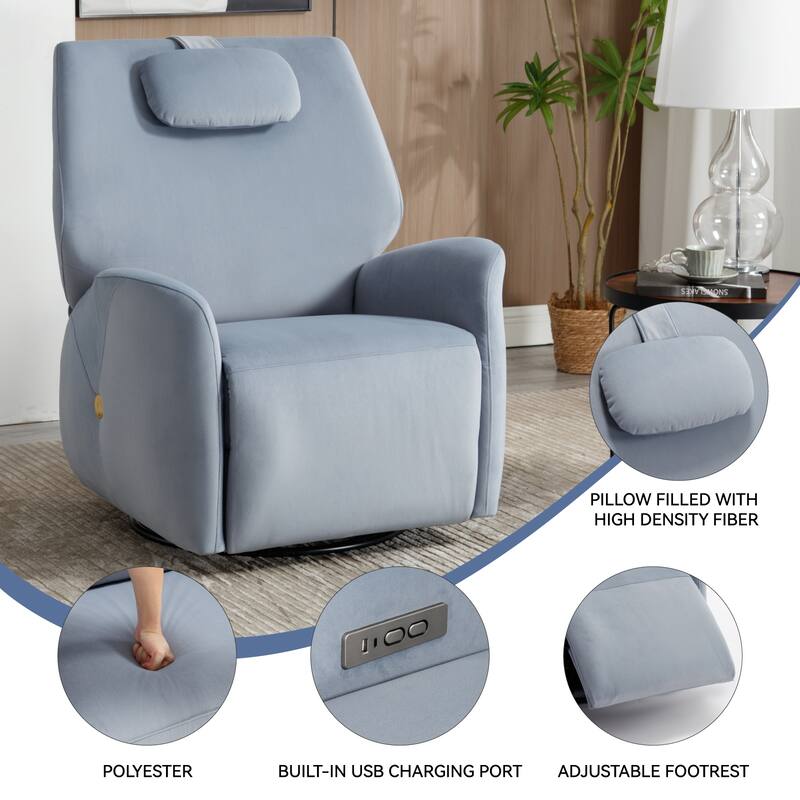 Electric Power Glider Recliner with 270° Swivel, Rocking Motion, Ergonomic Lumbar & Neck Support, Dual USB/Type-C Ports