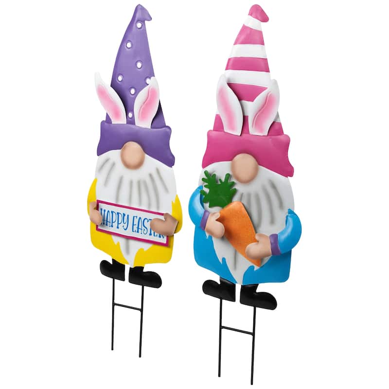 Gnomes with Bunny Ears Easter Outdoor Garden Stakes - 27" - Set of 2
