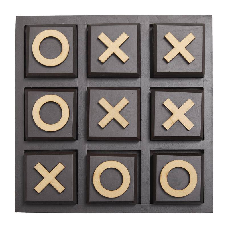 Wooden Tic Tac Toe Block Game Set with Steel or Light Wood Pieces - Black, Dark Brown, Gold - Roche River Decor