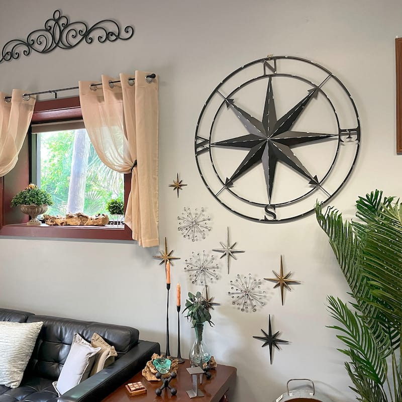 Indoor Outdoor Metal Compass Rose Wall Sculpture 39.5 Inch Diameter
