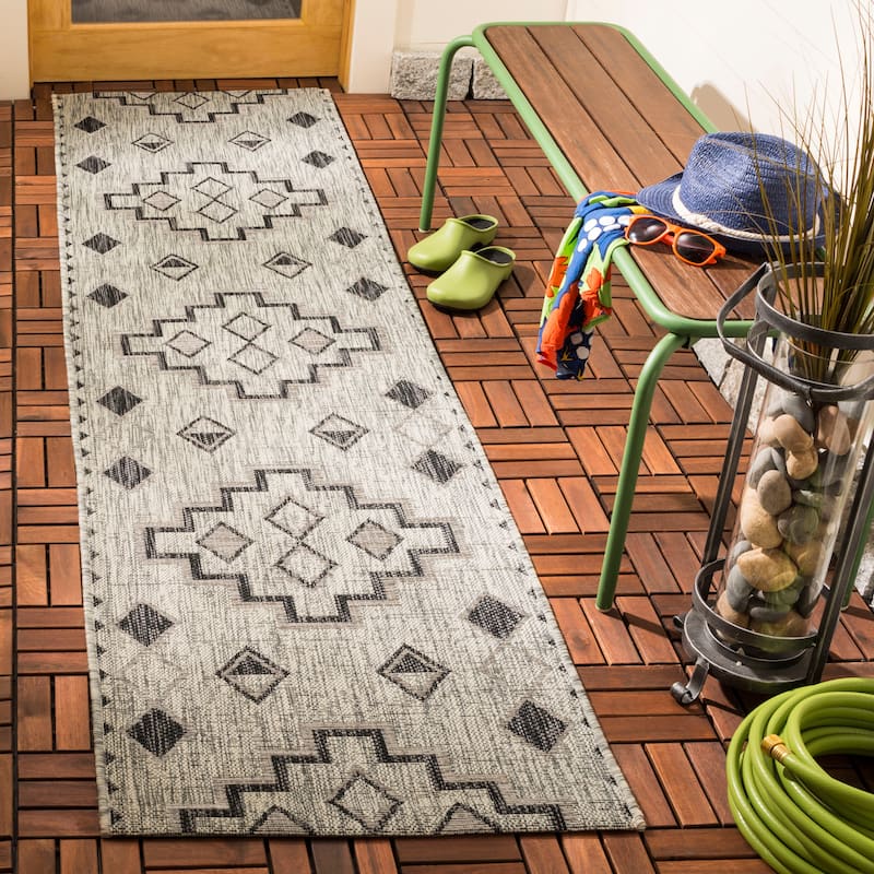 SAFAVIEH Courtyard Cemre Indoor/ Outdoor Waterproof Patio Backyard Rug - 2'3" x 12' Runner - Grey/Black