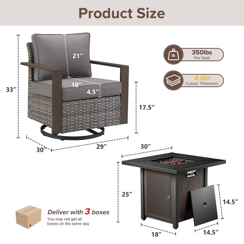 Meyreso 5-Piece Wicker Swivel Glider Metal Fire Pit Set with Plush 4.5" Olefin Cushions