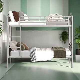 Elegant Twin Over Twin Metal Bunk Bed with Built-in Ladder and Guardrails, Divided into Two Beds, Silver