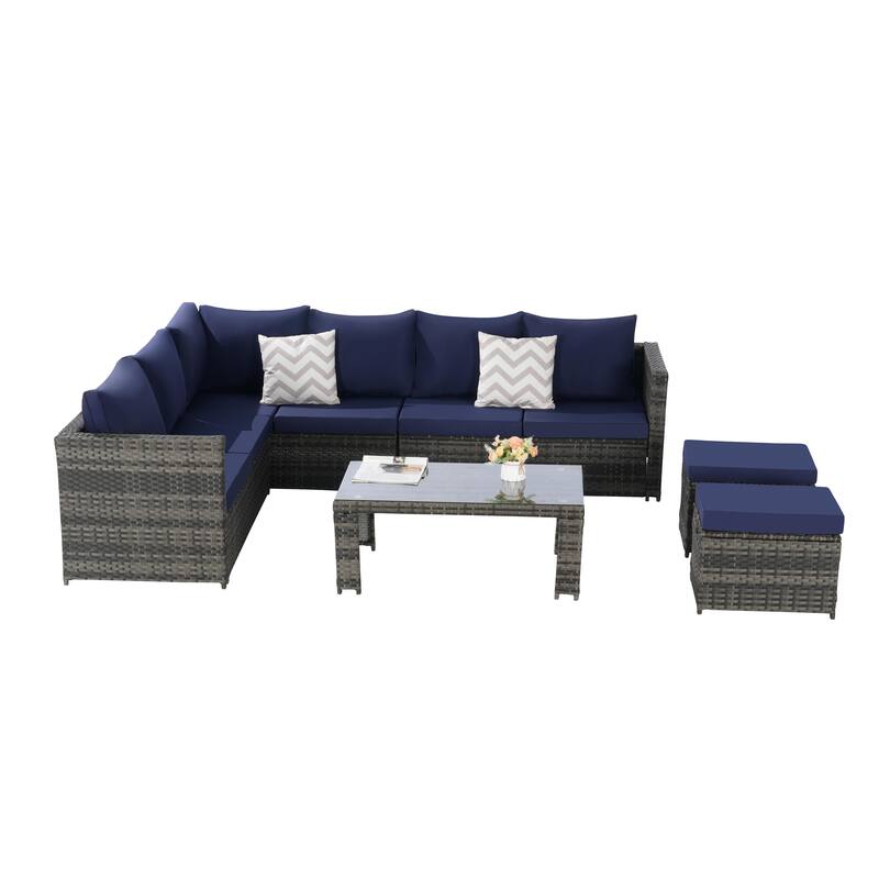 6-Piece Outdoor Patio Rattan Conversation Sectional Sofa Set with Tempered Glass Coffee Table