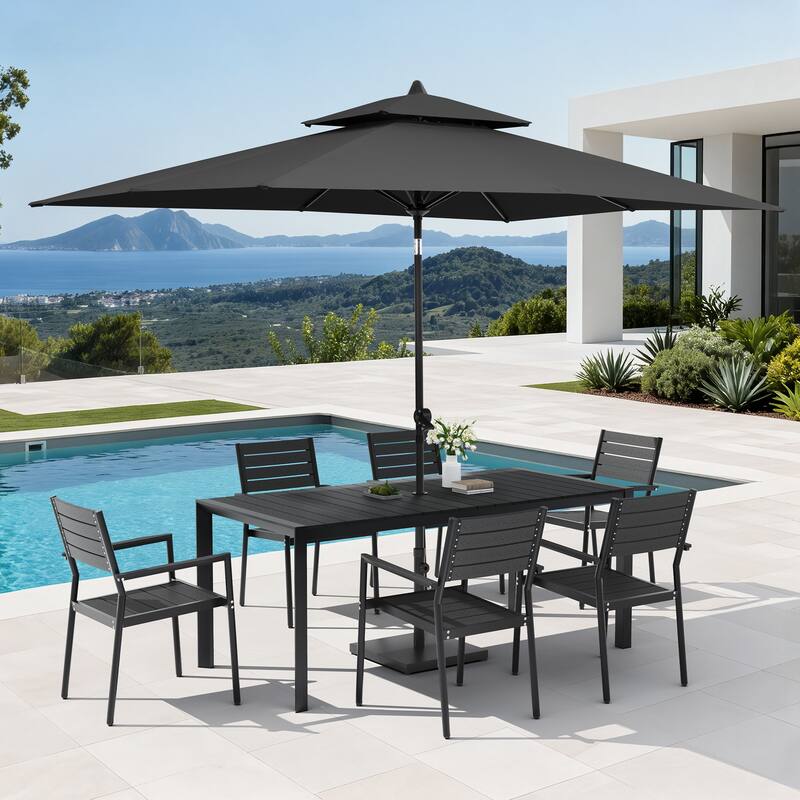 Set of 9 Outdoor Patio Dining Set WoodLike Aluminum Umbrella Hole Table with Stackable Armchairs, Market Umbrella Set - BlackTable&BlackChairs&BlackUmbrella