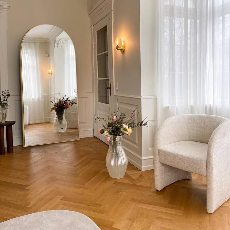 Modern Arched Full-Length Wood Floor Standing Mirror