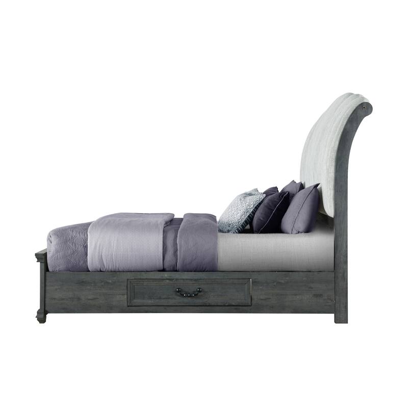 HomeRoots Gray Distressed Wood And Upholstery Queen Bed Frame With Drawers