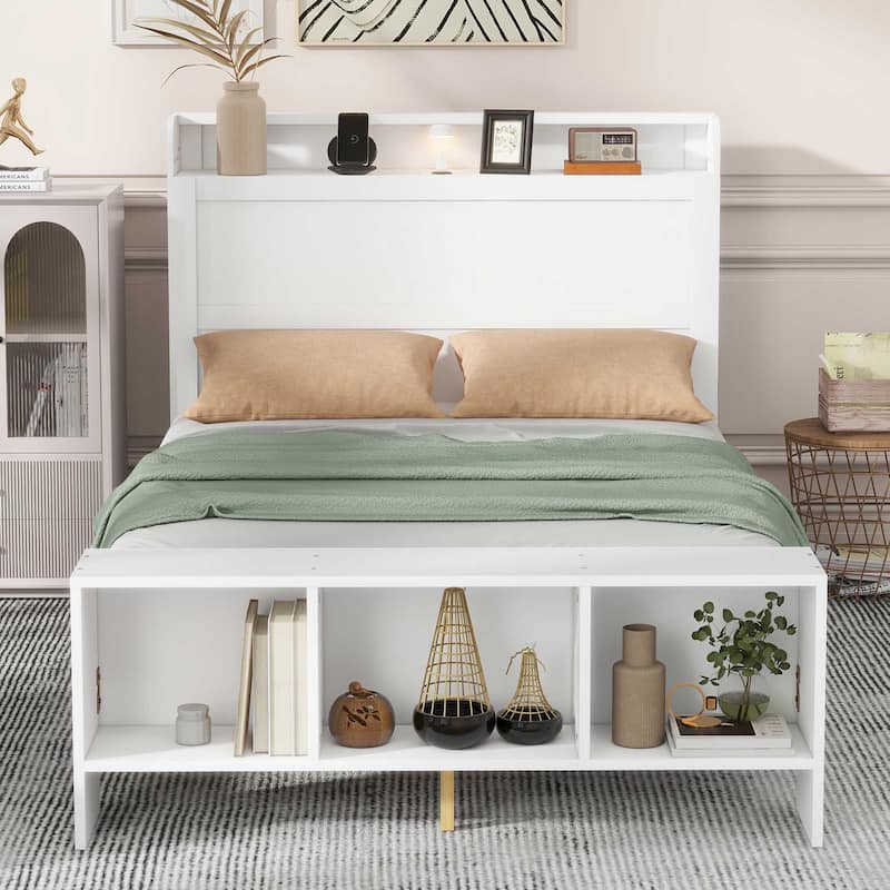 Full Size Platform Bed with built-in shelves, LED Light and USB ports