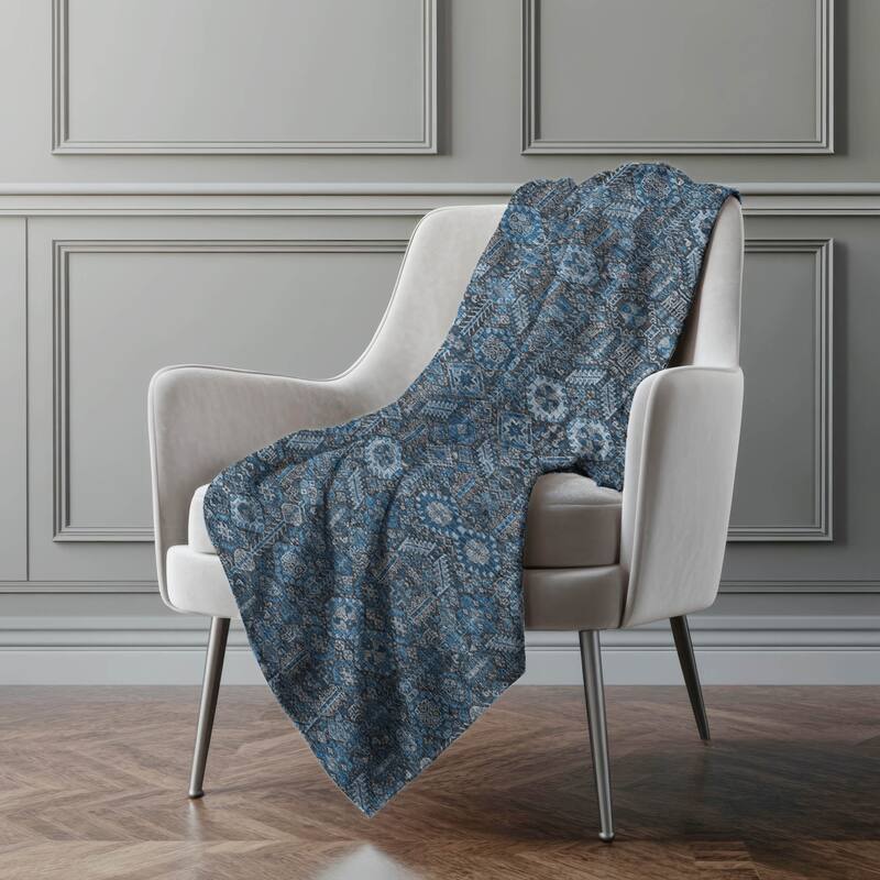 Premium Machine Washable Boho Moroccan Sherpa Throw Blanket - Blue - 4'2" x 5'10"