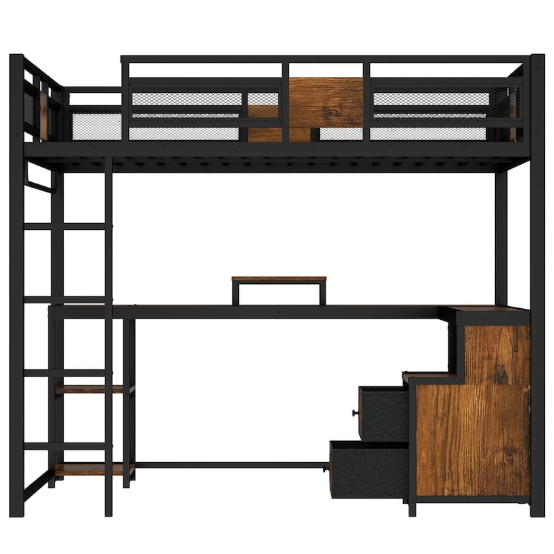 Roomfitters Queen Size Metal Loft Bed with Desk & Storage Drawers, Ladder Design, Noise-Free Frame, No Box Spring Needed, Black