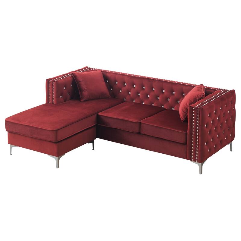 Paige 87 in. Velvet L-Shape 3-Seater Sofa with 2-Throw Pillow - 87"L x 64"W x 30"H