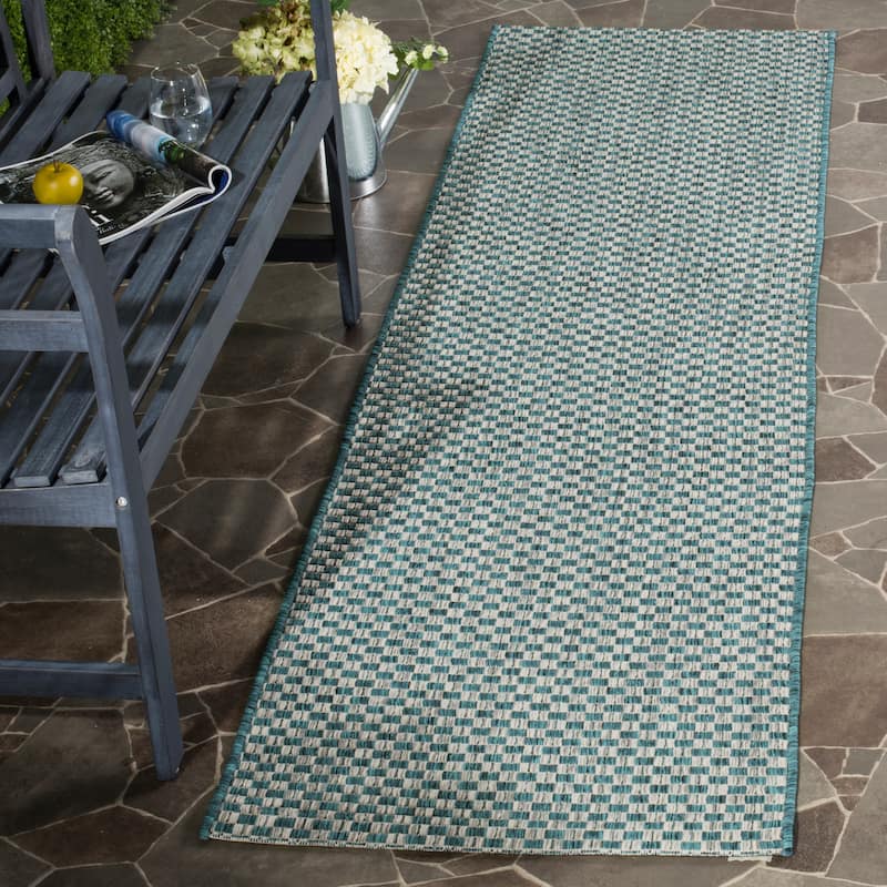 SAFAVIEH Courtyard Judi Indoor/ Outdoor Patio Backyard Rug - 2'3" x 12' Runner - Turquoise/Light Grey