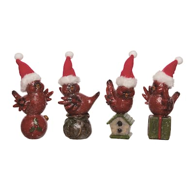 Transpac Resin Cute Sitting Cardinal w/Hat Set of 4 Christmas Home Decorations
