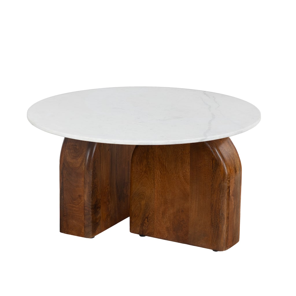 Modern 36" Round Coffee Table - Solid Mango Wood Base and Real White Marble Top, Natural Dark Finish