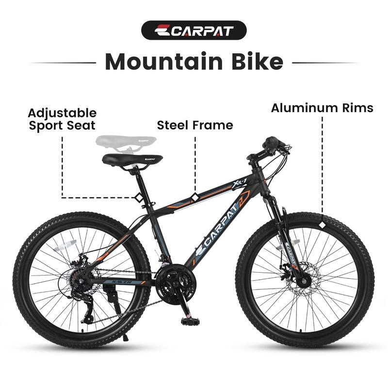 24 Inch Mountain Bike Boys Girls, Steel Frame, 21 Speed Mountain