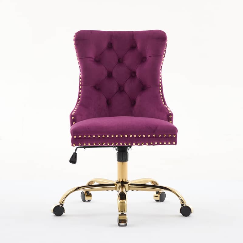 Velvet Swivel Office Chair with Wheels, Tufted Button Home Office Chair, Adjustable Vanity Chair with Metal Base - Purple