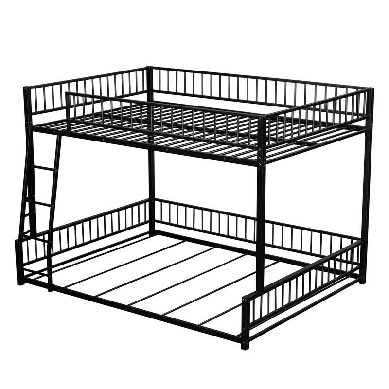 Full XL over Queen Floor Metal Bunk Bed Frame with Ladder and Safety Guardrails