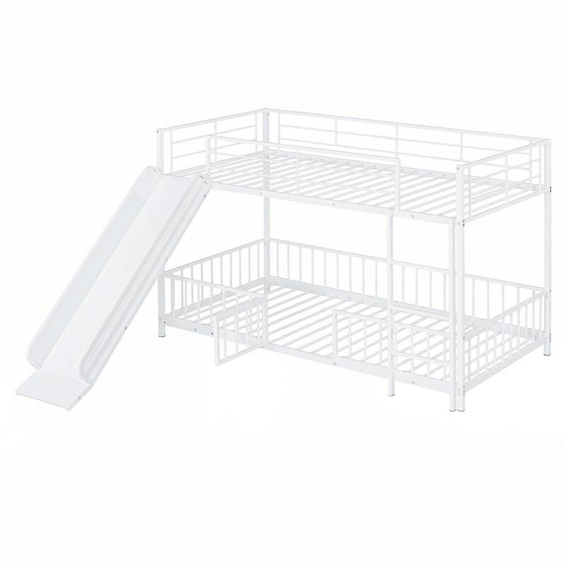 Twin over Twin Size Metal Bunk Bed with Slide and Guardrails