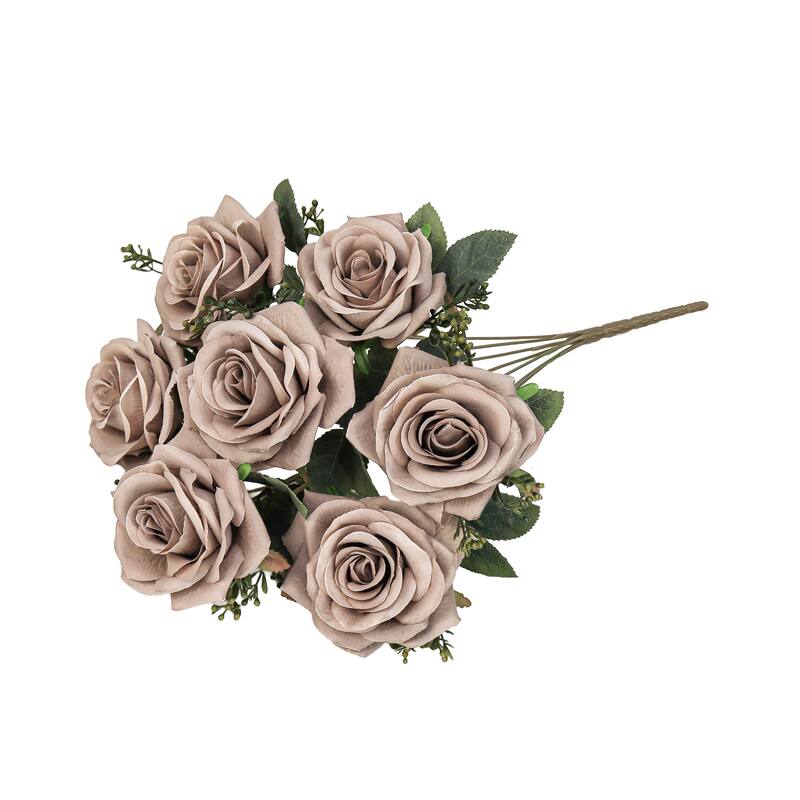 Set of 2 Dusty Brown Artificial Queen Tea Rose Flower Stem Bush Bouquet 17in - 17" L x 9" W x 9" DP
