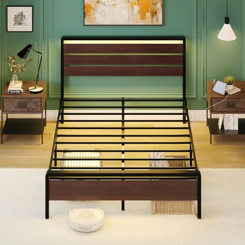 Bed Frame with LED Light and Charging Station, Metal Platform Bed with Wood Headboard