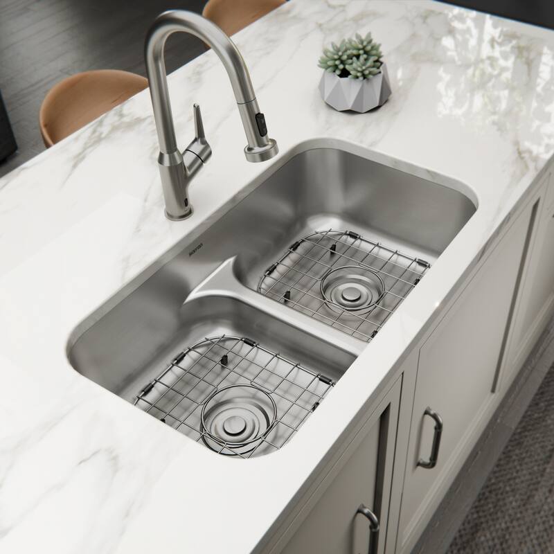 Karran Profile 32” Undermount 18 Gauge Low Divider Double Bowl Stainless Steel Kitchen Sink with Accessories