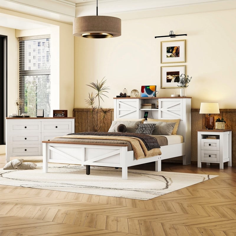 2/3/4-Piece Bedroom Set, Twin/Full/Queen, Wooden Bed, 2 Nightstands, Dresser, Sliding Door Headboard, White/White+Brown