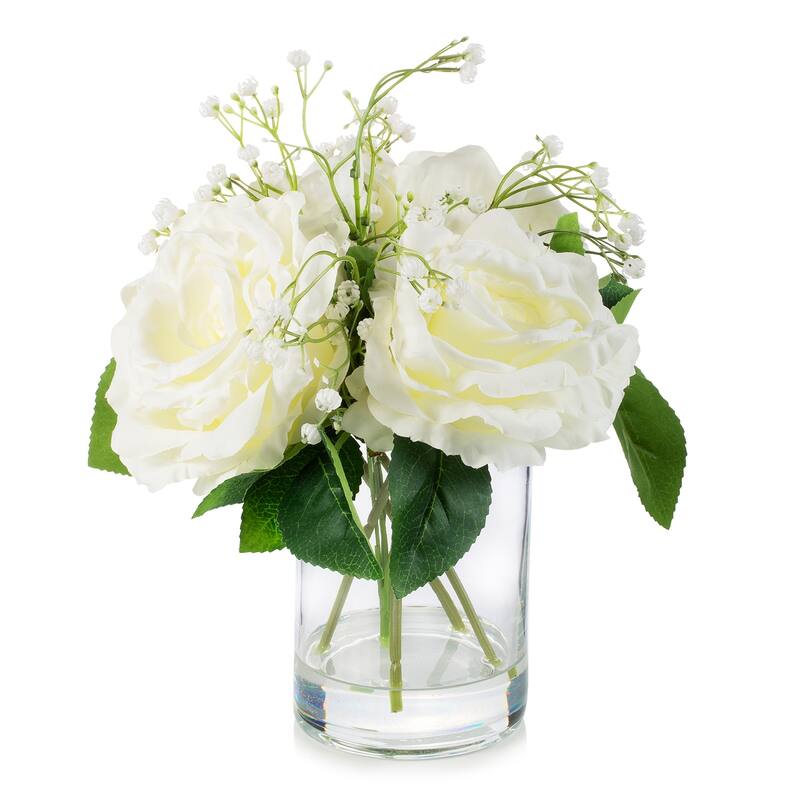Enova Home 4 Large Silk Rose Flowers in Clear Glass Vase with Faux Water for Home Office Decoration