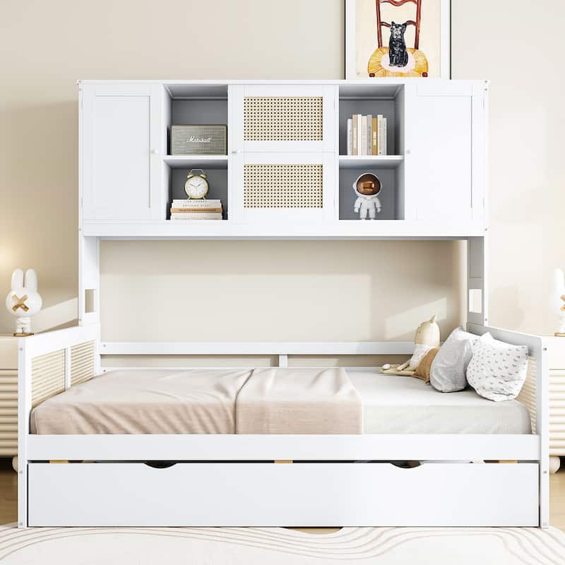 Twin Daybed with Roll-Out Trundle, Storage Shelves & Cabinet, Sturdy Wood Construction - White - Full