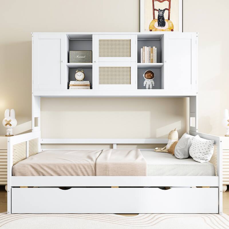 Wood Full Size Daybed with Built-In Storage Cabinet, Shelves & Twin Trundle, Rattan Accent, No Box Spring Needed - Full White - Full