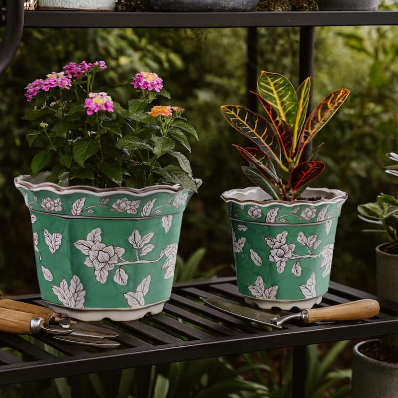 Ceramic Planters Embossed Bird Floral Detailing Scalloped (Set of 2)