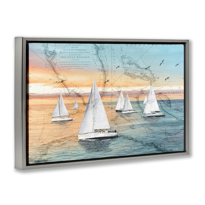 Stupell Nautical Ships & Vintage Map Framed Floater Canvas Wall Art Design By Amber Sterling