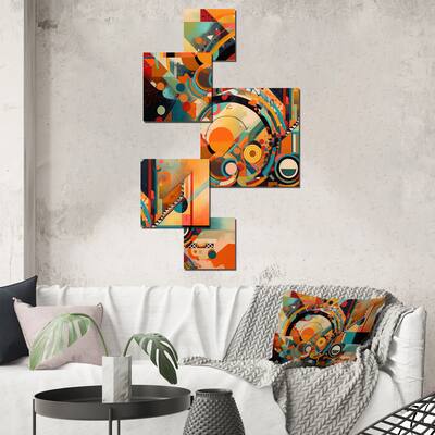 Designart "Orange And Blue Geometric Vibrations I" Modern Geometric Metal Wall Art Prints Set