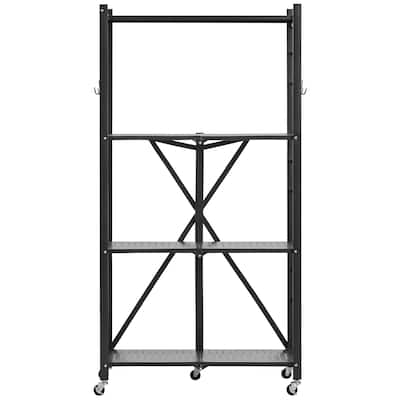 Black Carbon Steel 4 Tier Folding Garage Storage Shelf with Wheels - 13 x 28 x 54 in