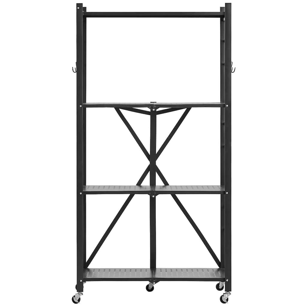 Black Carbon Steel 4 Tier Folding Garage Storage Shelf with Wheels - 13 x 28 x 54 in