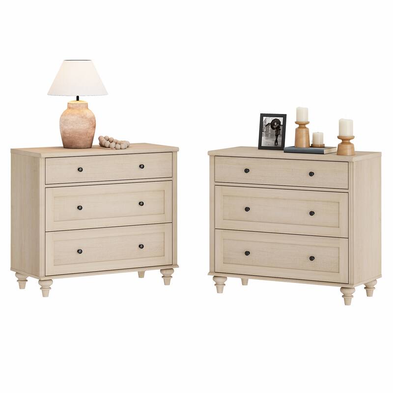 Farmhouse Nightstand with 3 Drawers, 34 inch - Beige - 6-drawer