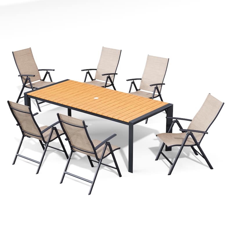Premium Outdoor Patio Aluminum Dining Table with Durable Adjustable Reclining Folding Chair - 83.85in-Brown-Table&Espresso-Chair
