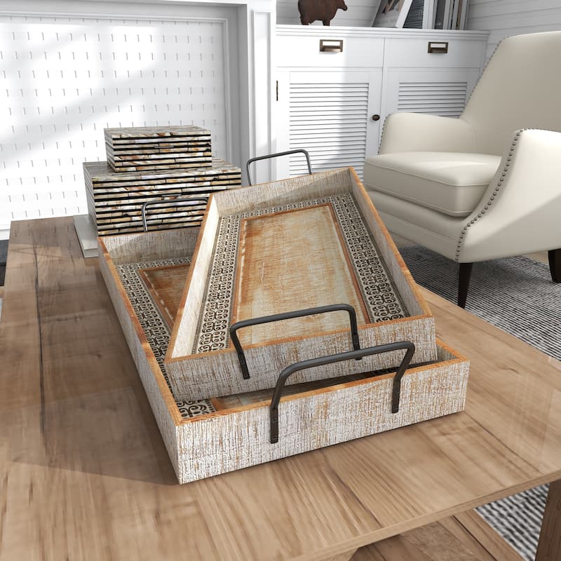 Wood Tray with White Wash - Set of 2 Brown - Roche River Decor