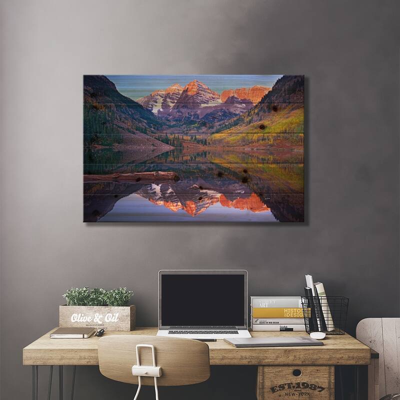 Maroon Bells Reflected In Maroon Bells Lake, White River National Forest, Colorado Print On Wood by Tim Fitzharris - Multi-Color