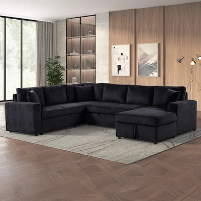 Ruxley 123"W Corduroy Sleeper Sectional Sofa with Right-Facing Storage Chaise and Throw Pillows