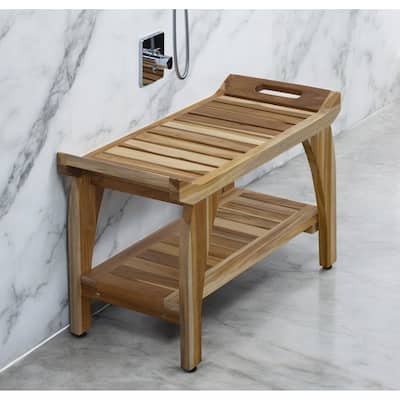 HomeRoots 29" Teak Rectangular Shower Outdoor Bench With Handles In Natural Finish