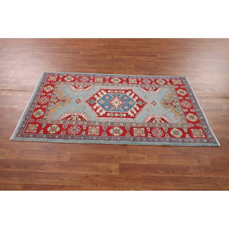Light Blue Geometric Kazak Rug Hand-Knotted Wool Carpet - 3'1" x 5'3"