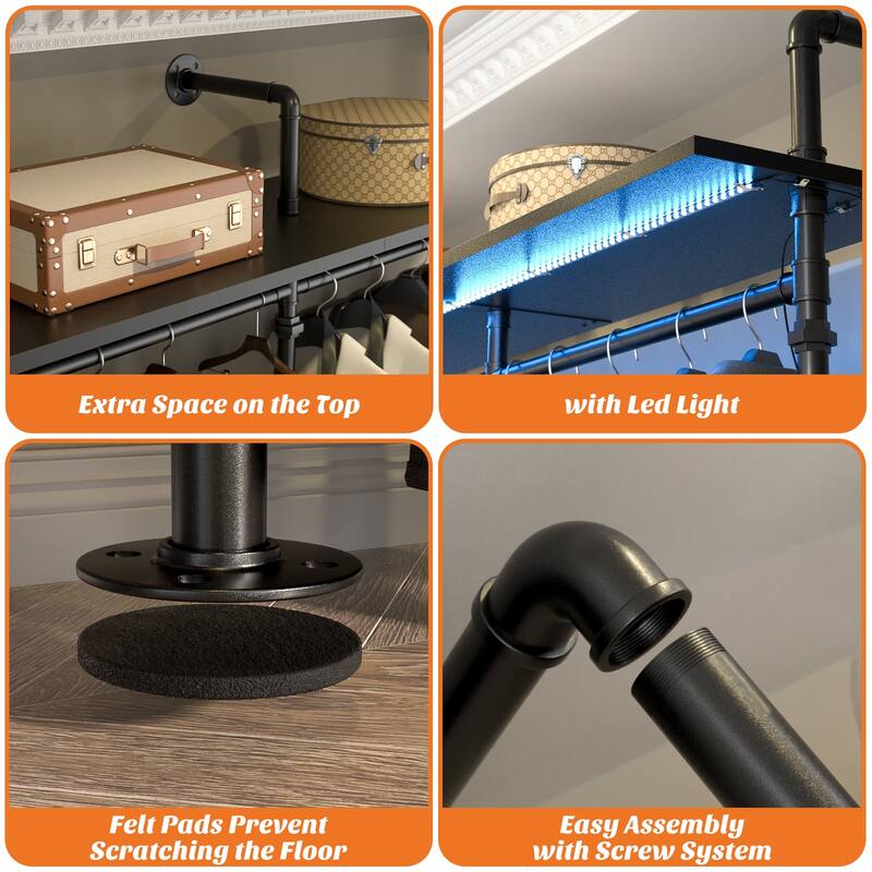 Industrial Pipe Clothing Rack, Reversible 118.3'' Garment Rack with LED Lights& Shelves for Walk-in Closet