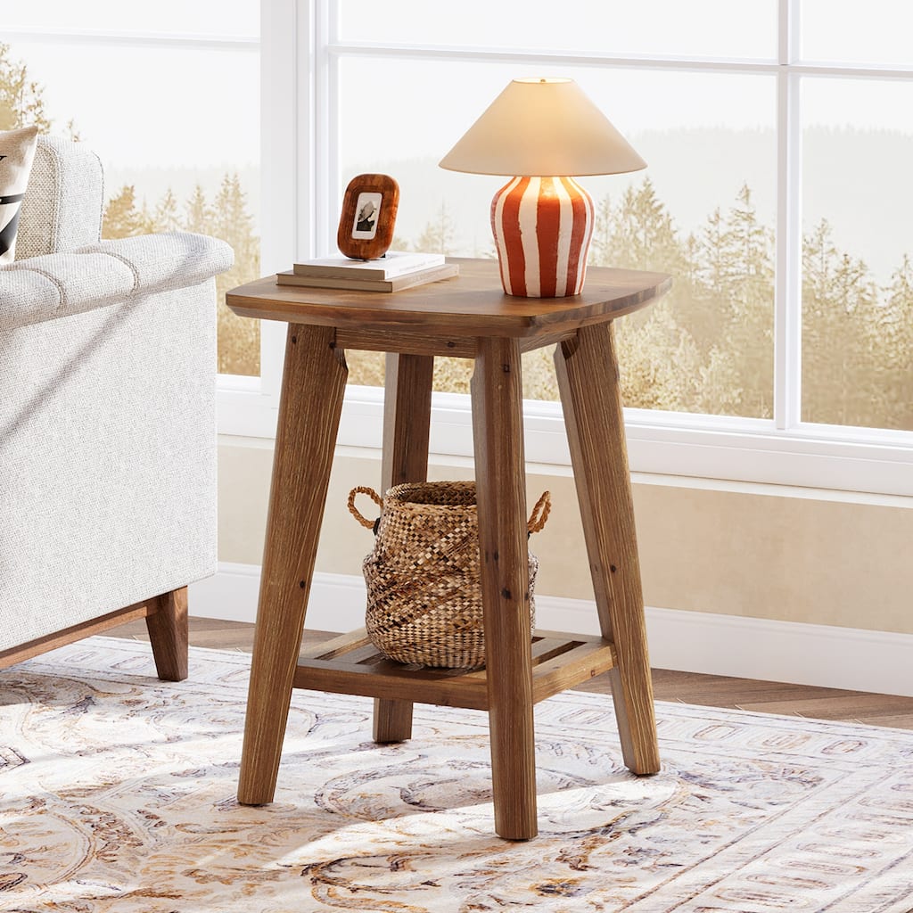 Solid Wood Square End Table with Storage Shelf, 19.68" Wood Side Table for Living Room, Sofa Side