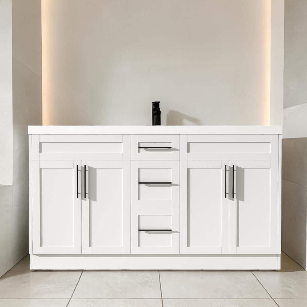 59 Inch Double Sink Bathroom Vanity with SMC Top, 4 Door 3 Drawer Storage Cabinet with Soft Close Hinges