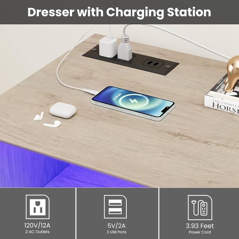 Dresser for Bedroom with 6 Drawers, Modern Chest Featuring LED Lights and Charging Station