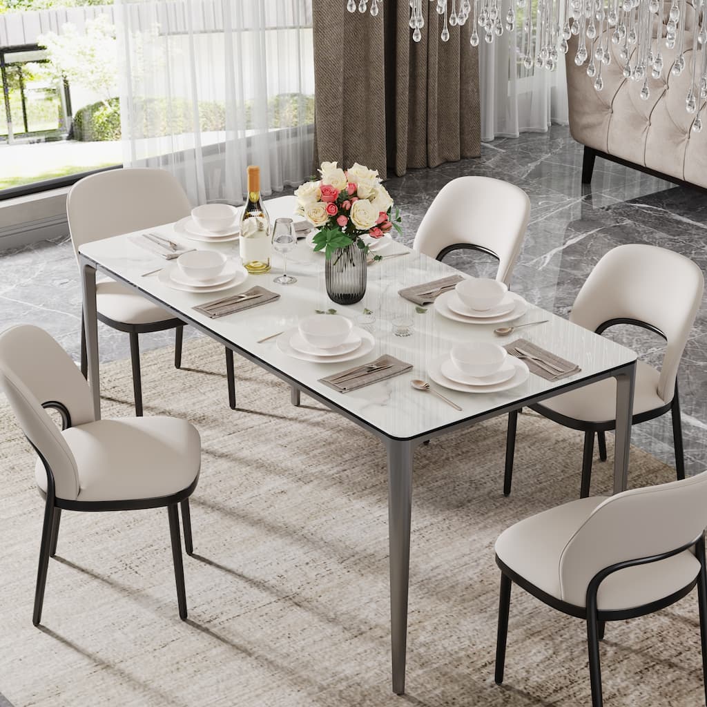 63" Unique Rectangular Dining Room Table with Sintered Stone Tempered Glass Top