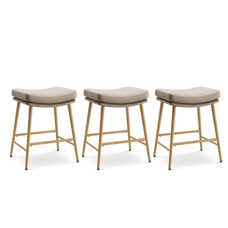 RENEWLINE Metal Bar Stools, 24 Inch Backless Counter Height Stools（Set of 2/3/4/6） with PU Leather Seat & Footrest - Set of 3 - Light Coffee